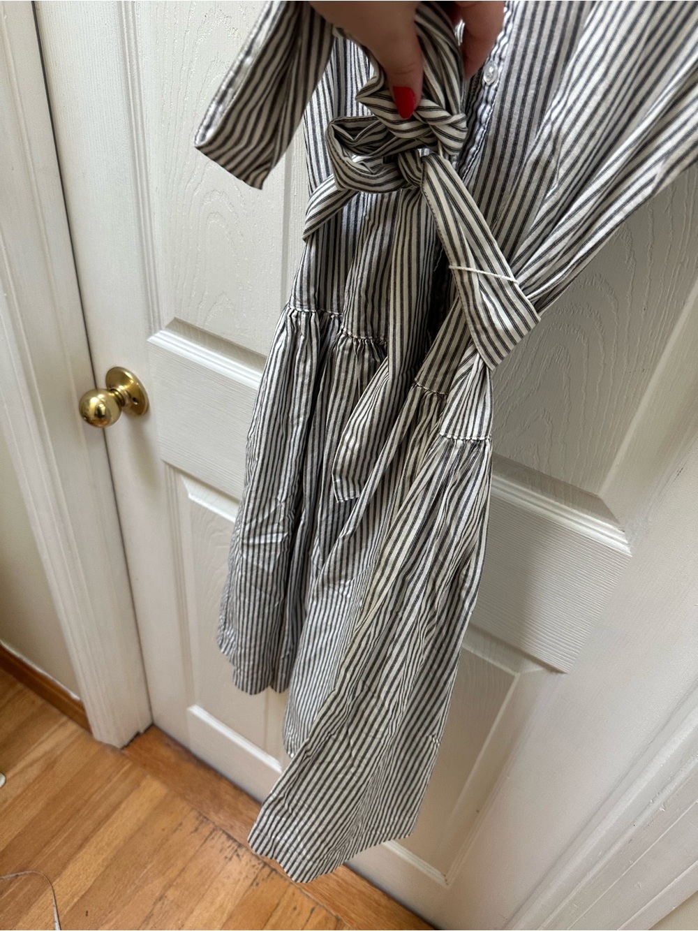 Norma Kamali drop waist Striped Shirt Dress Tie Waist Black White s small collar - Picture 2 of 9